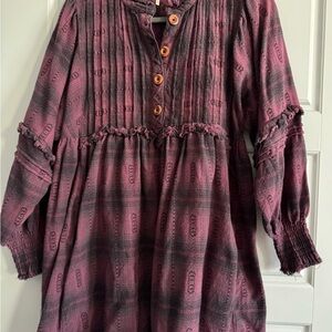 Free People Plaid Button-Up Dress/Shirt with Ruffle Details and adorable buttons